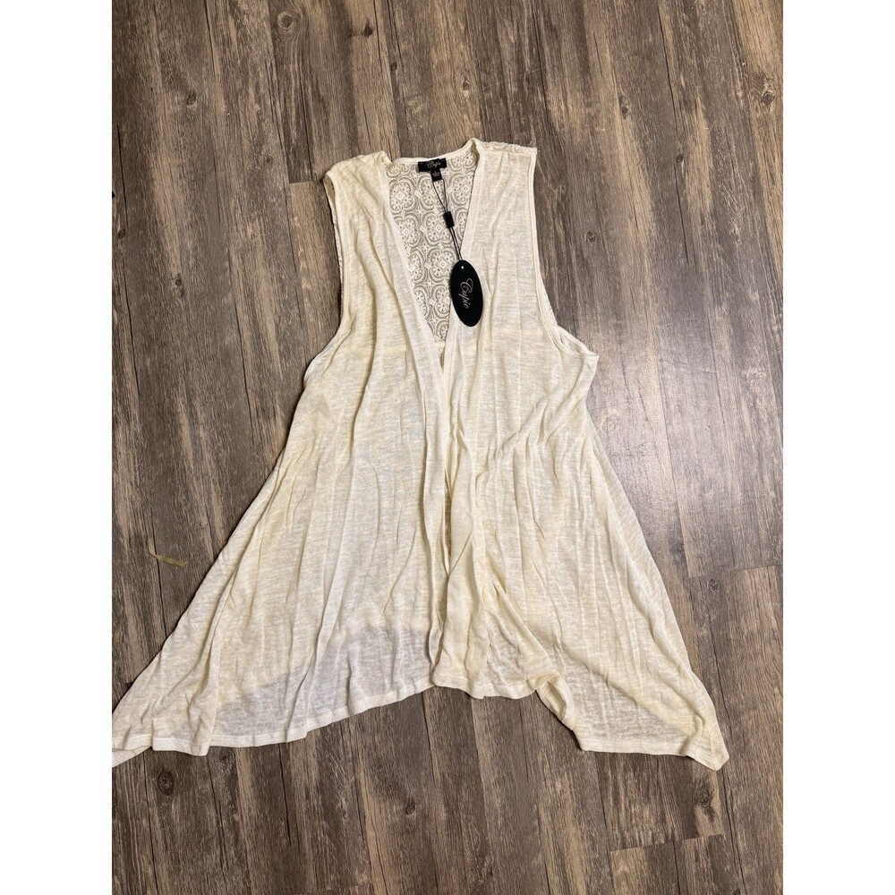 Cupio Womens L Longline Cardigan Vest Ivory Lace Back Boho Duster NWT